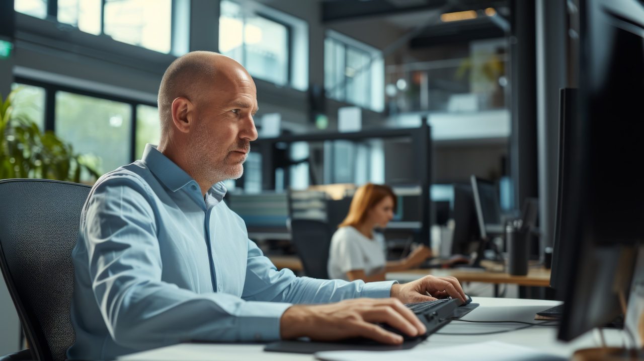 A man working at a desk with several monitors in an open-plan office