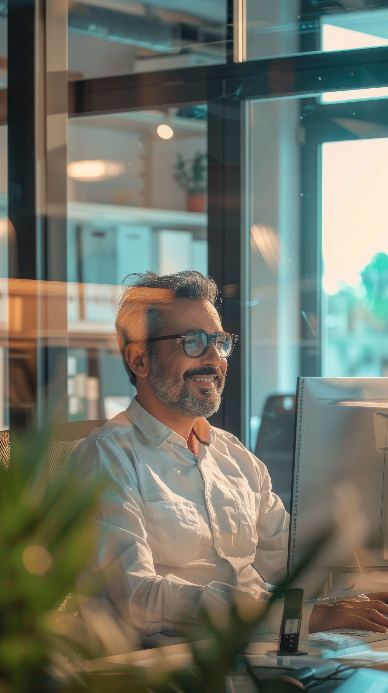 A man at a desk with a monitor, seen through a glass wall