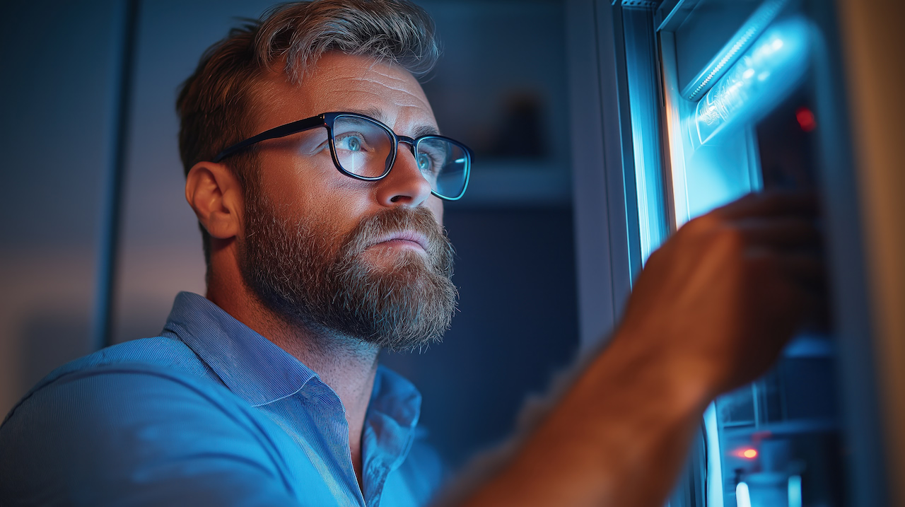 A man in glasses examining a device lit in blue