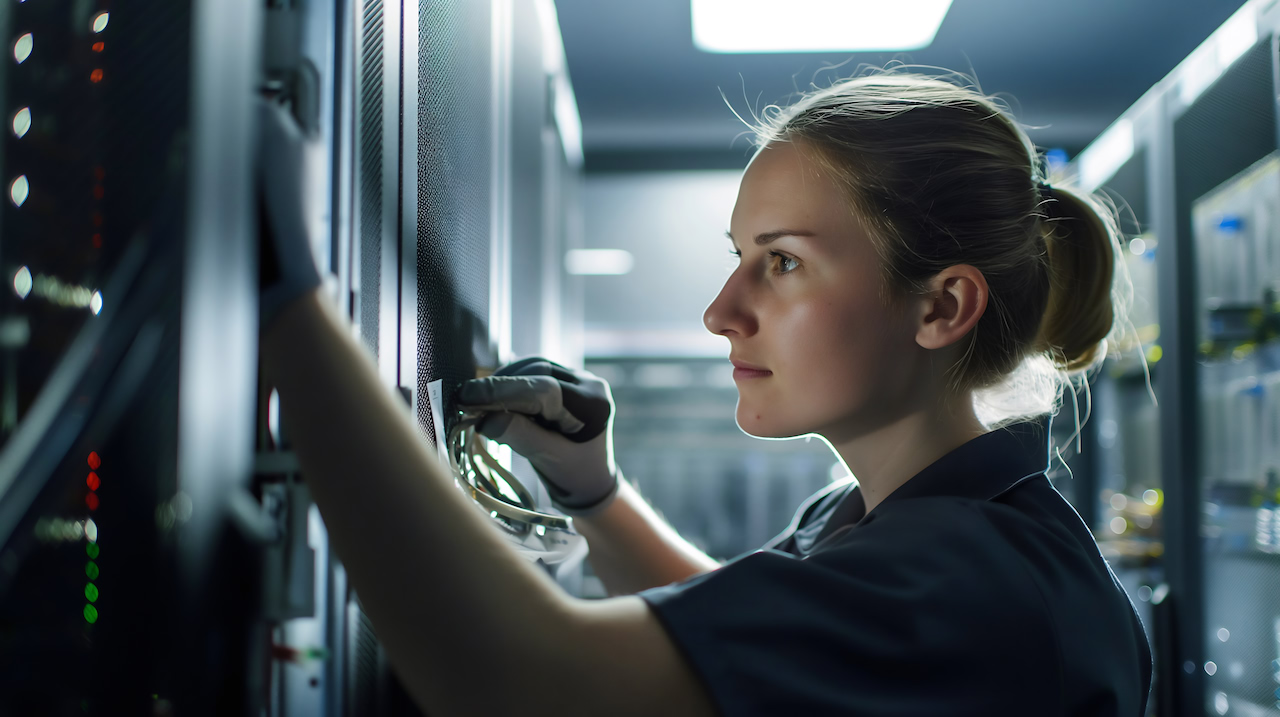 An engineer in gloves fitting hardware into a server rack