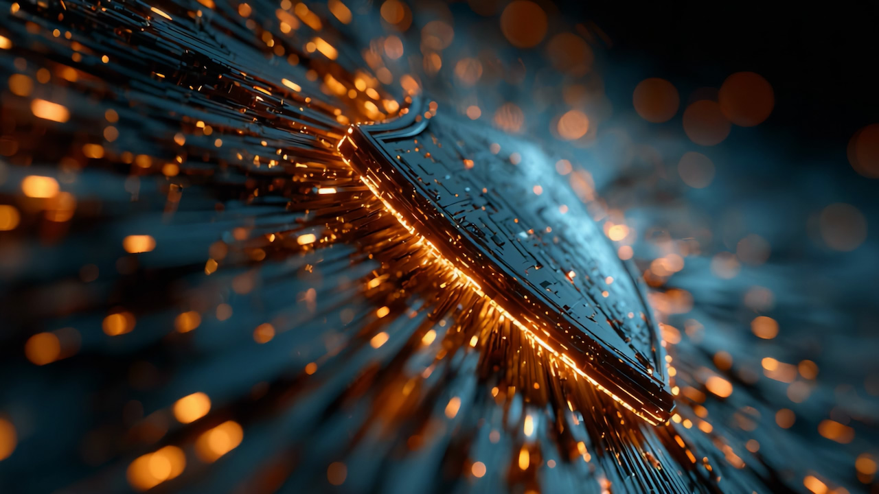 A glowing shield emblem on a circuit board, with sparks of light