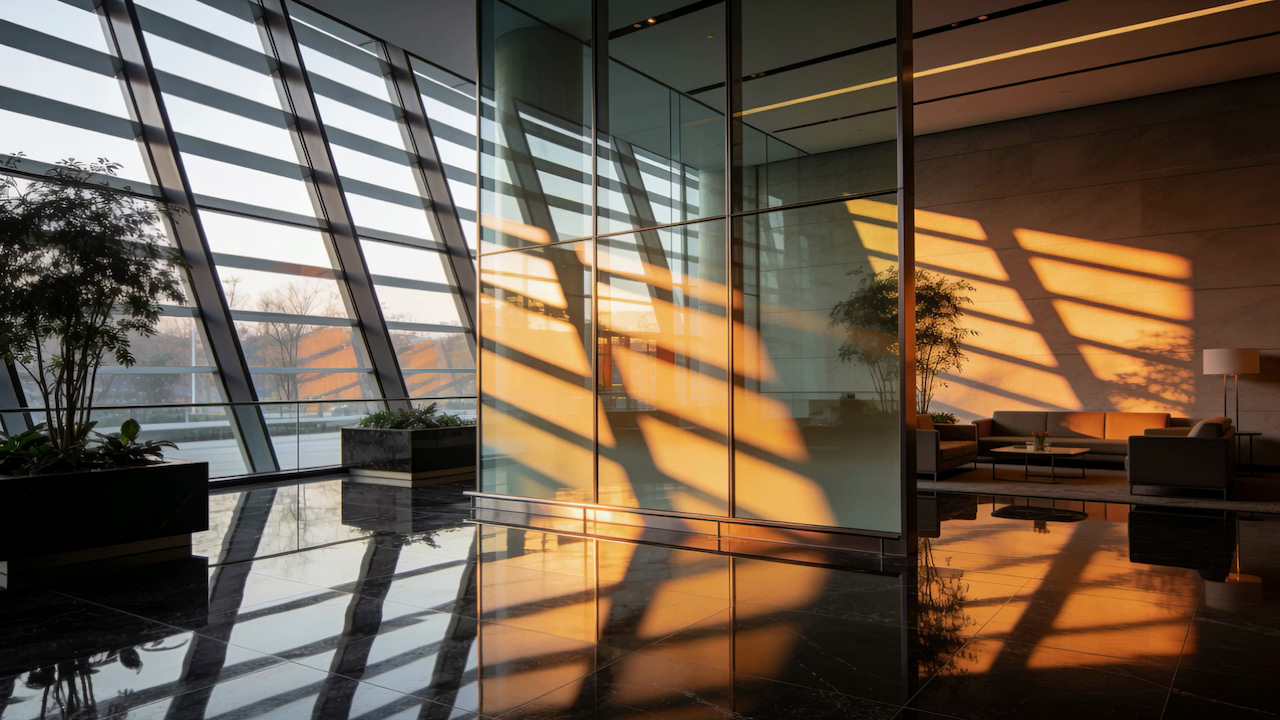 Sunlight moving across glass partitions in an office lobby