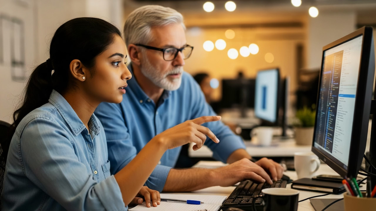 Two people reviewing code together at a monitor