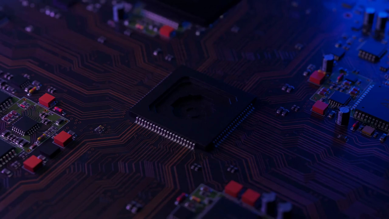 An AI chip on a circuit board, its traces lighting up