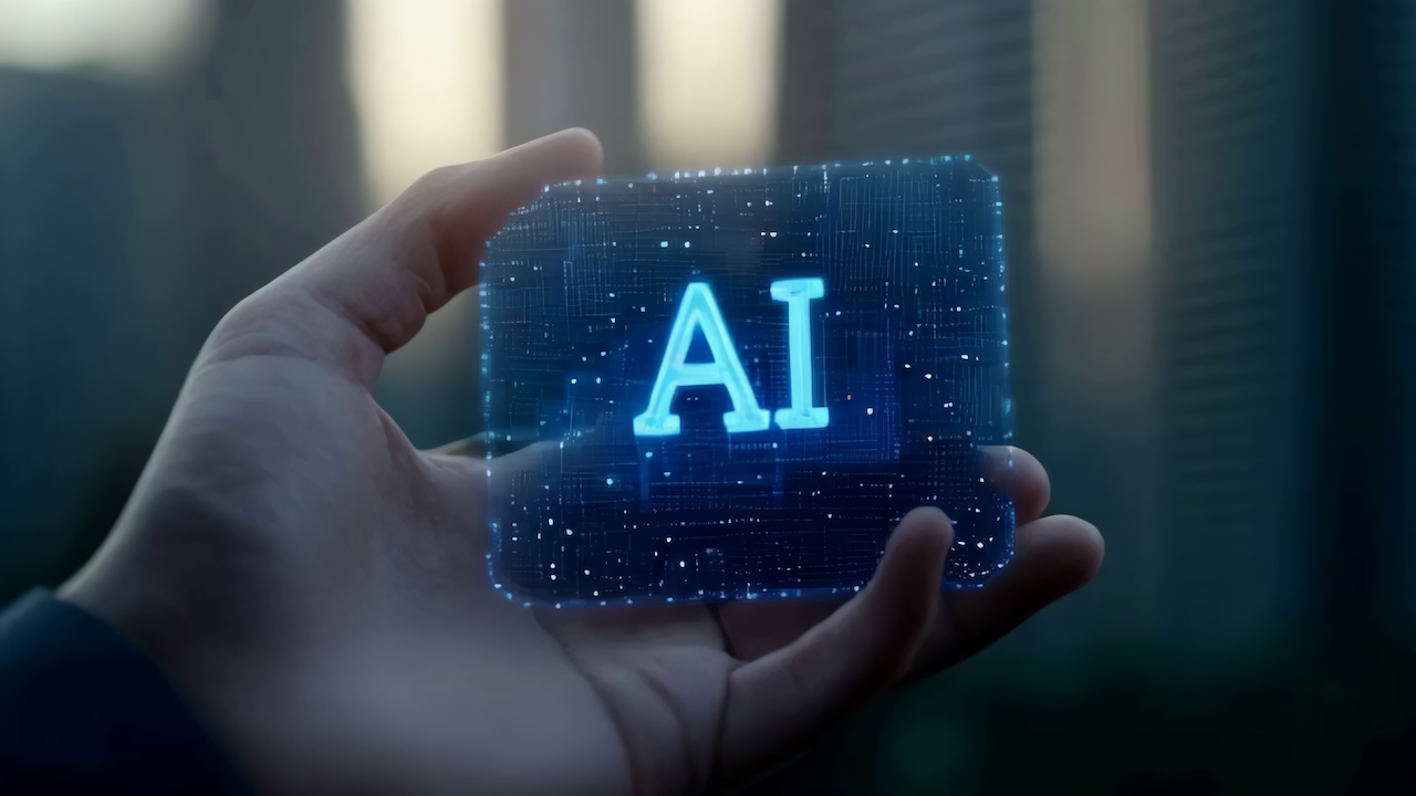 A hand holding a glowing card marked AI