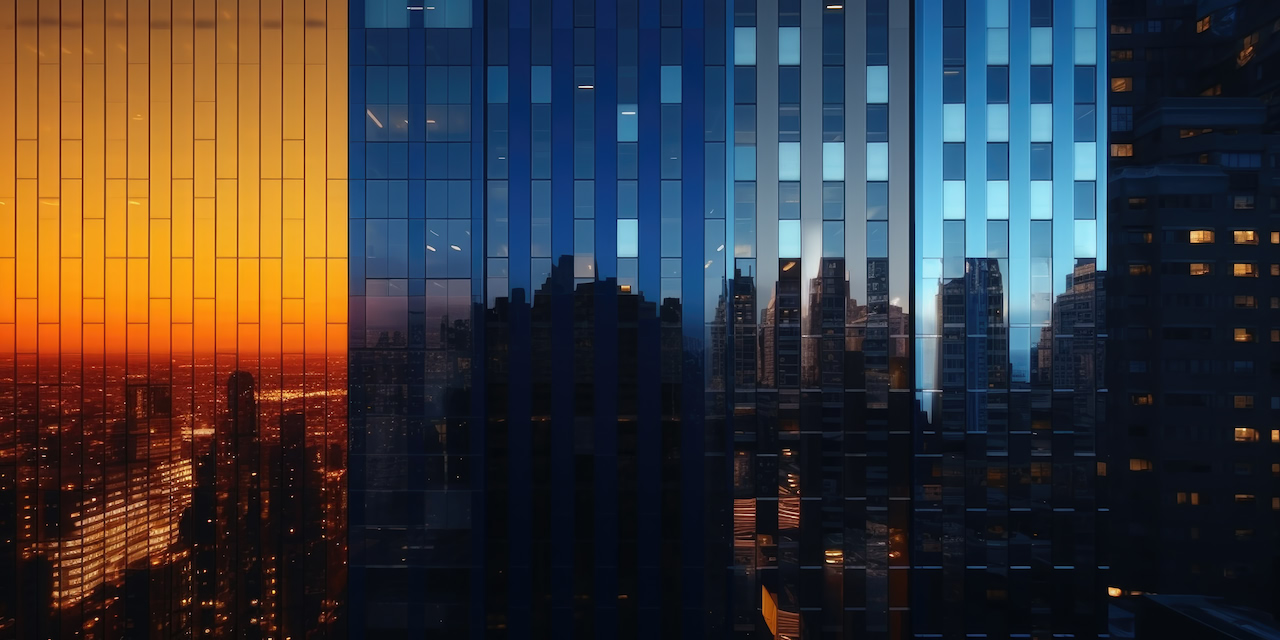 Glass towers at dusk, one reflecting a gold sunset